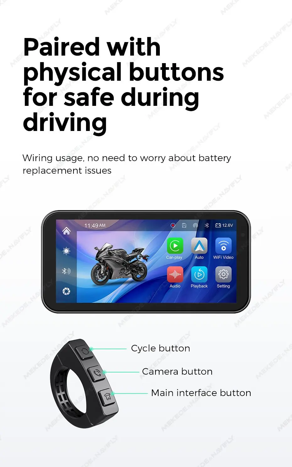 MEKEDE 6,25 zoll Tragbare Motorrad Navigation IP67 Wasserdichte Drahtlose Carplay Android Auto BT TF DVR Stick Recorder Moto Monit – Detail 3