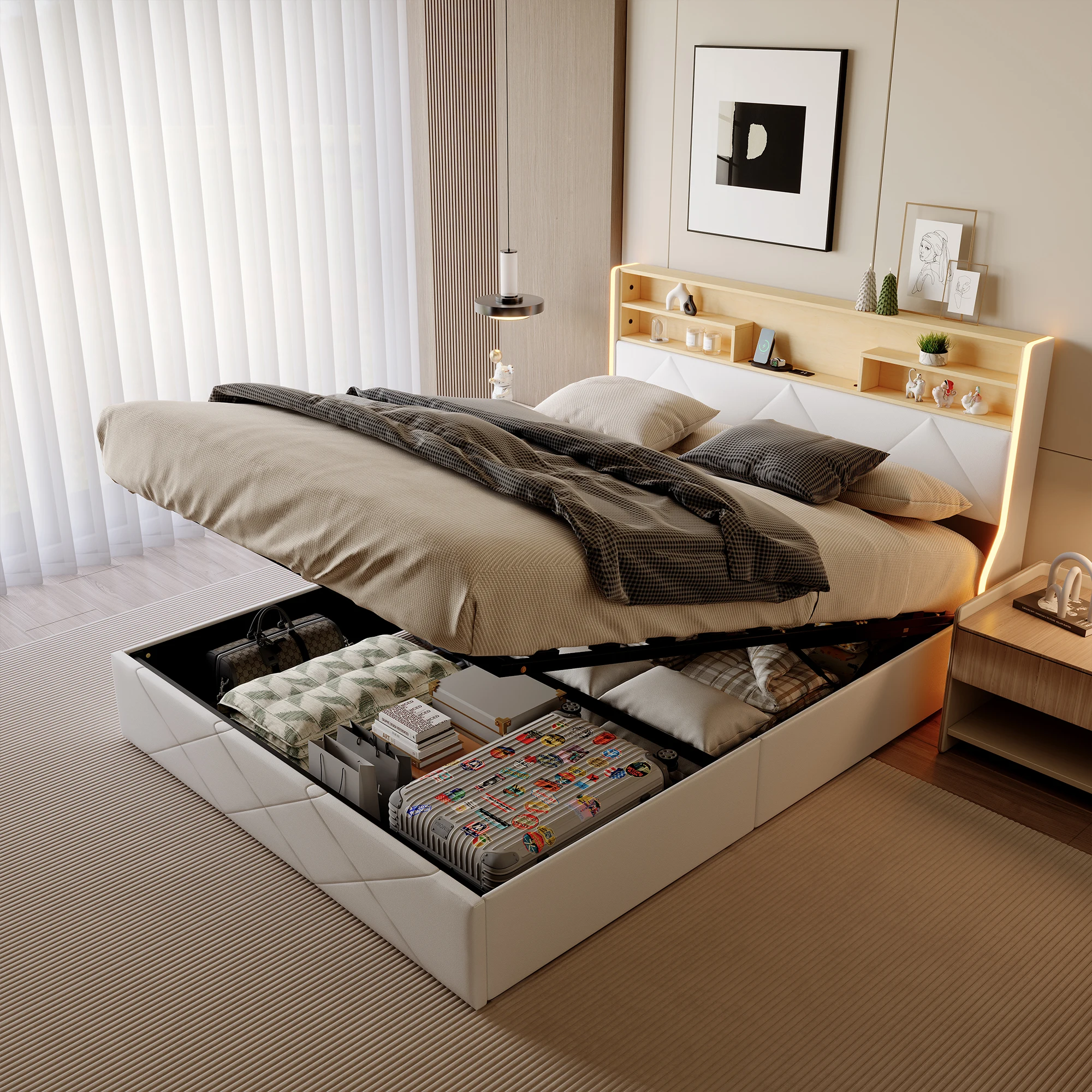 Lit Double Hydraulique a Led, Lit Coffre 140/160x200 cm Lit Capitonné avec LED et Port USB Cadre de Lit Led 2 Personnes,Pu tissu