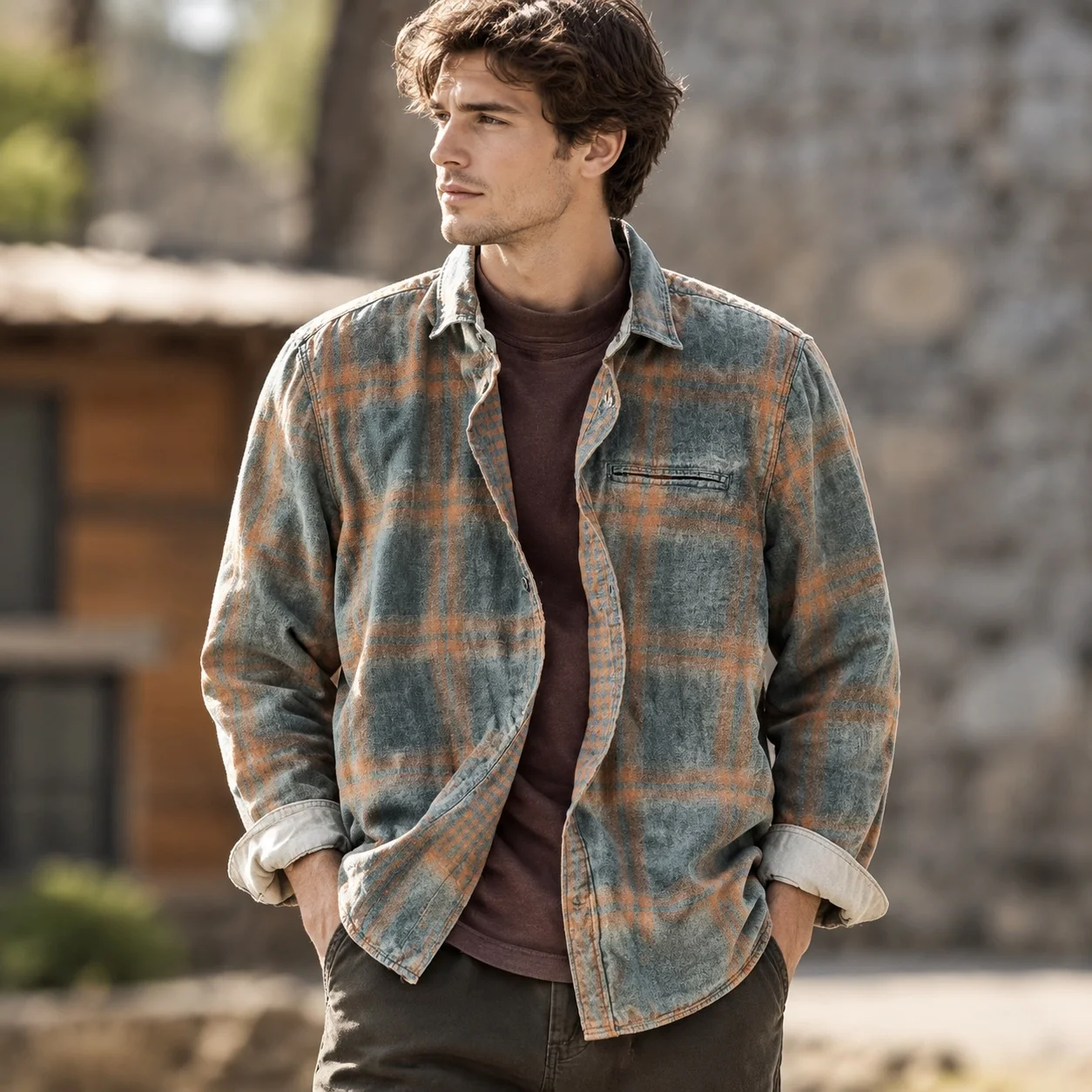 Turtleneck Plaid Shirt Relaxed Fit Light Mature Casual with Plaid Pattern Pocket Collar Long Sleeve Digital Printing Men Shirts