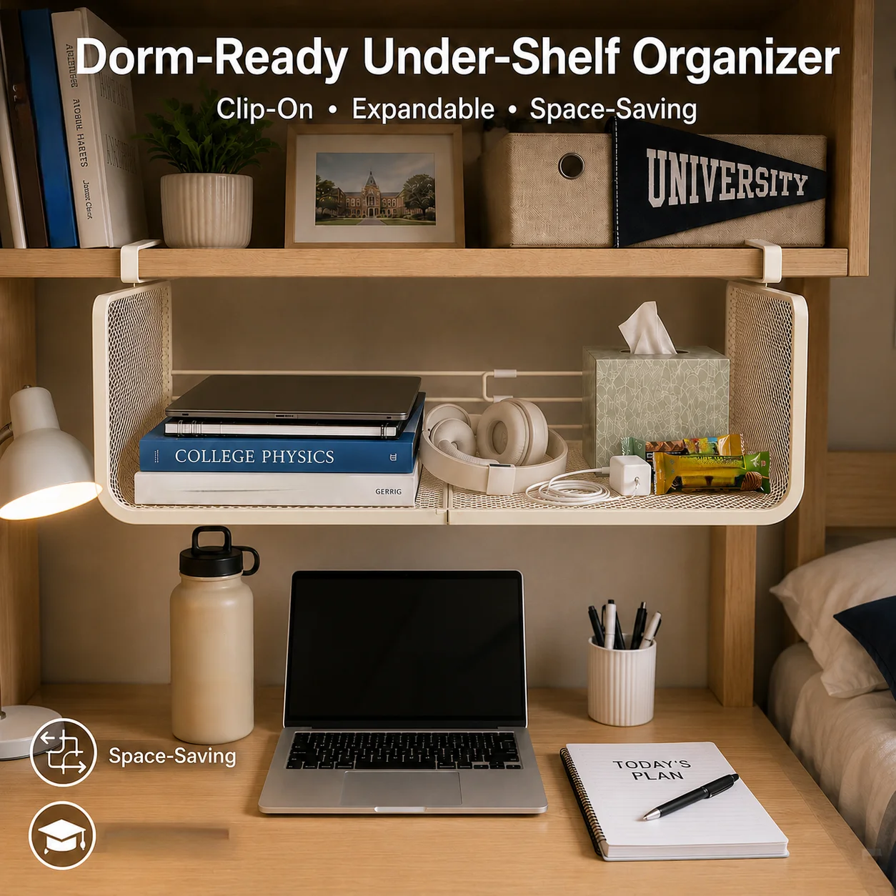 Expandable no-drill hanging shelf storage basket, adjustable-width clip-on breathable metal under-shelf storage rack, white space-saving hanging storage rack, perfect for college dorm desks, bookshelves, closets, and storage rooms, for holding textbooks,
