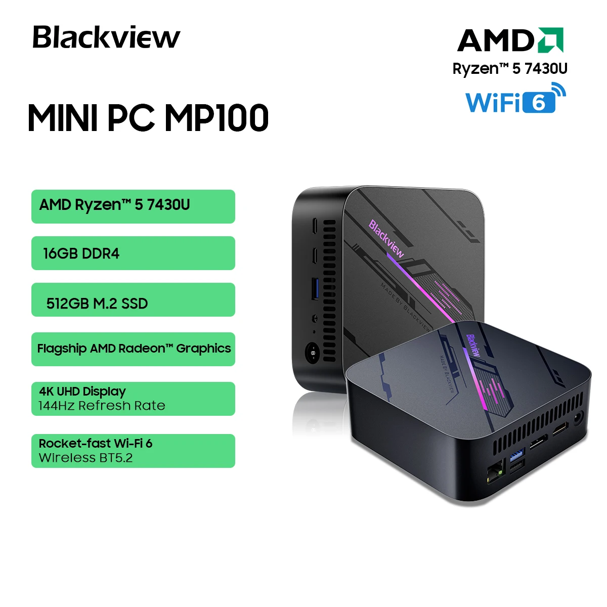 Blackview MP100 Mini-PC AMD Ryzen 5 7430U 16GB RAM 512GB SSD, Mini-Computer mit WiFi 6/BT 5.2/4K Triple-Display Neu