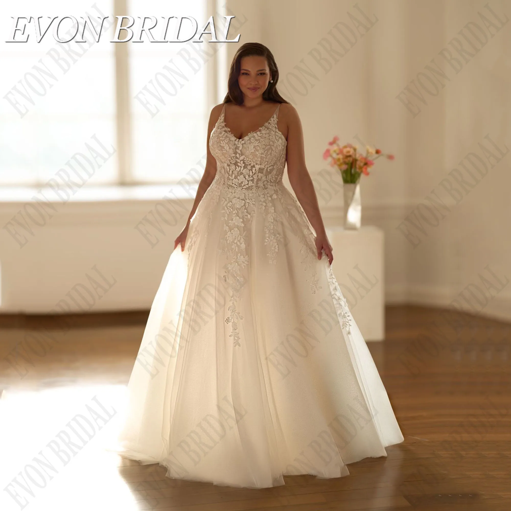 

EVON BRIDAL V-Neck Wedding Dress Plus Size 2025 Spaghetti Straps Bride Applique A-Line Sweep Train Vestidos De Novia Customized
