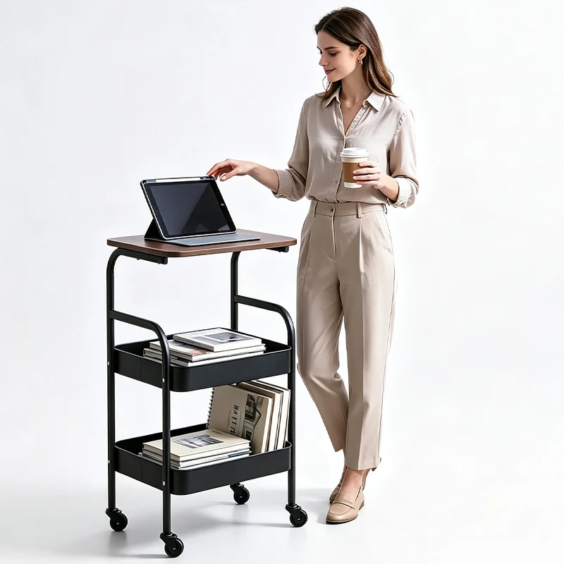 Mobile Rolling Utility Cart with Wooden Table Top, 3-Tier Metal Storage Trolley on Lockable Wheels, Multi-Purpose Movable Side Table for Living Room, Bedroom, Office, Books & Daily Item Organization