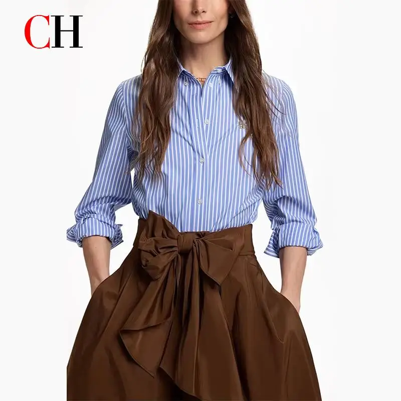 

CH Women's casual cotton blouse with stripes and embroidered collar-long-sleeved streetwear, simple office top.