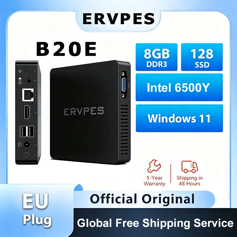 ERVPES B20E Mini PC 8GB RAM 128GB SSD Intel 6500Y Windows 11 Dual Band Wi-Fi BT5.0 HDMI/VGA USB Micro Desktop Computer for Home