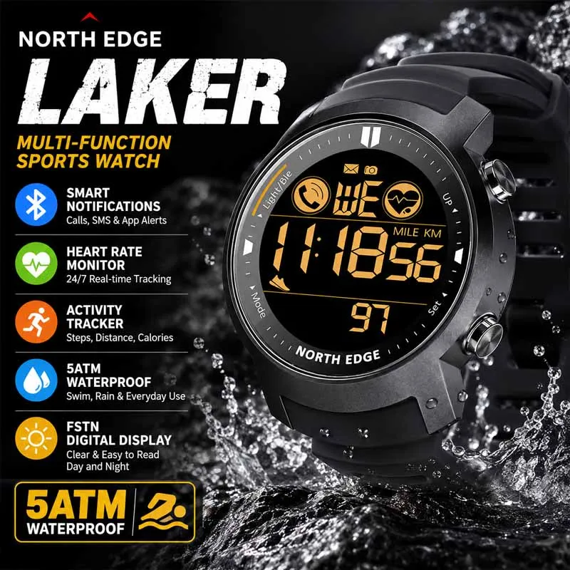 

NORTH EDGE Men's Digital Watch Military Waterproof 50M Running Sports Pedometer Stopwatch Watch Heart Rate Wristband Android IOS