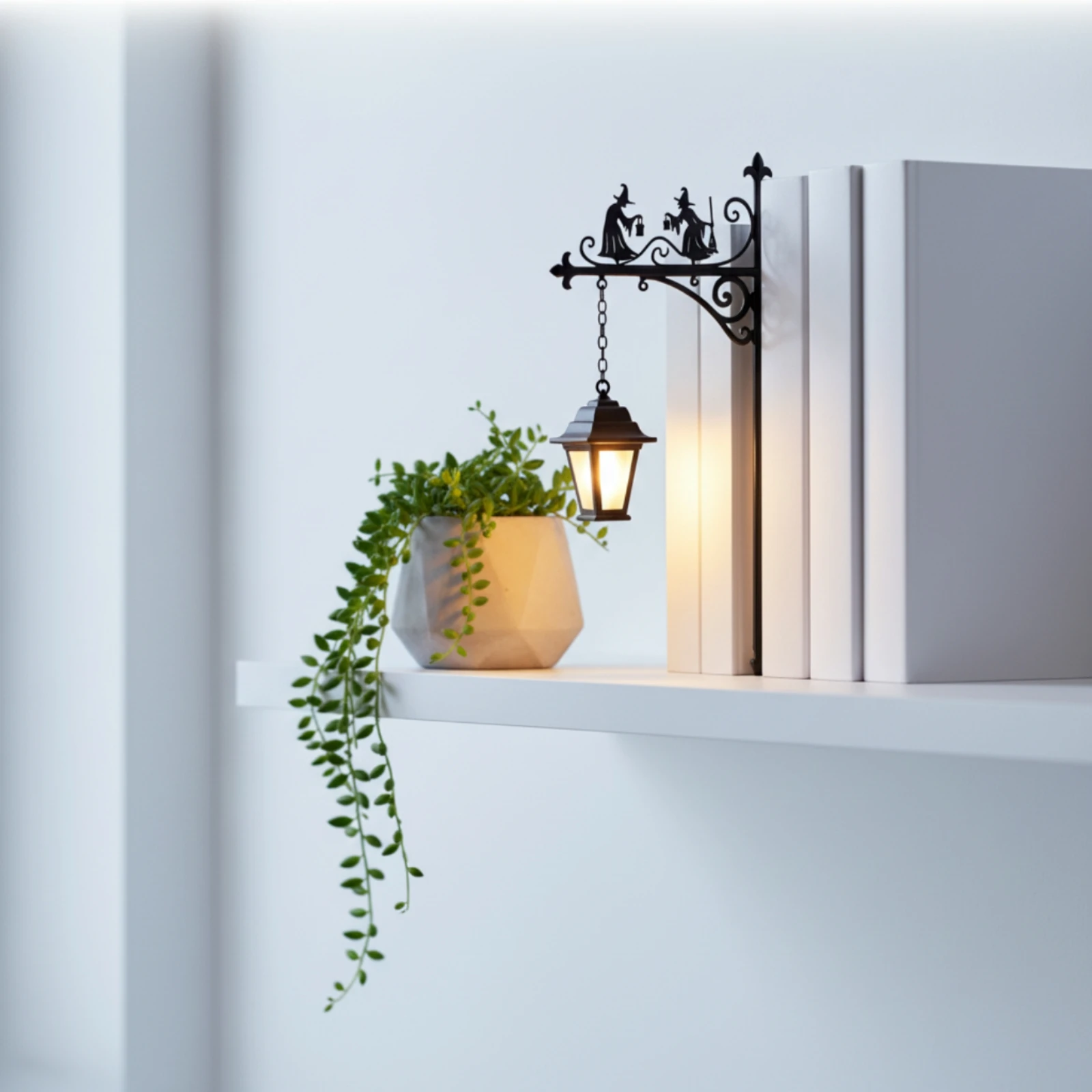 Bookshelf Ornament with Lantern Clamp-on Hanging Lantern with Bracket Wrought-Iron Display Lamp for Book Lovers, Goths, Reading