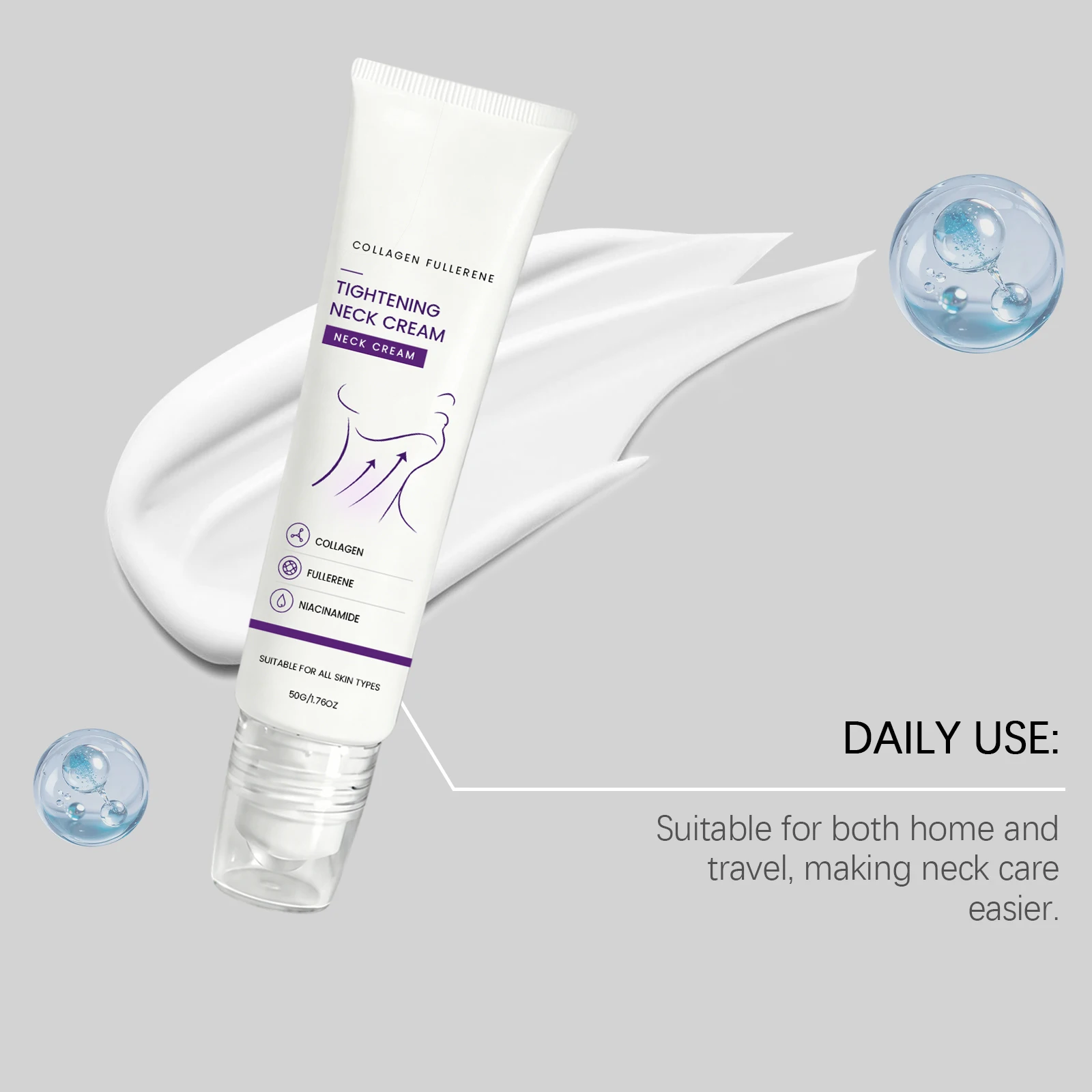 Collagen Fullerence Neck Cream Tightening Moisturizing Hydrating Dryness Smoothing Fine Lines Roller Design Non Greasy Fast Absorbing Soft Texture Daily Skin Care