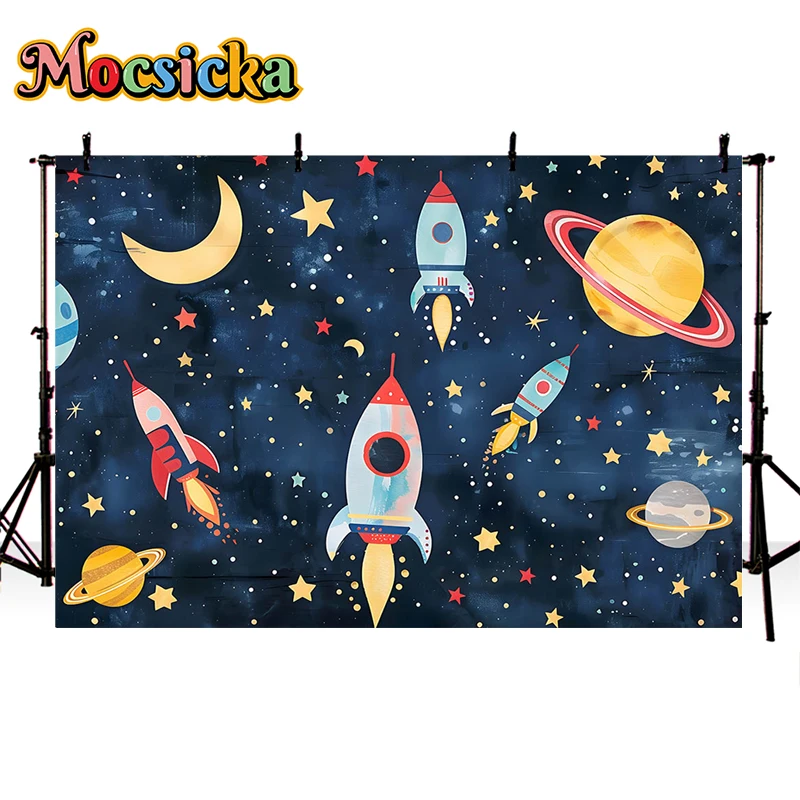 Mocsicka Photography Background Space Planet Rocket Decor Boy Birthday Party Newborn Shower Kids Portrait Backdrop Photo Studio