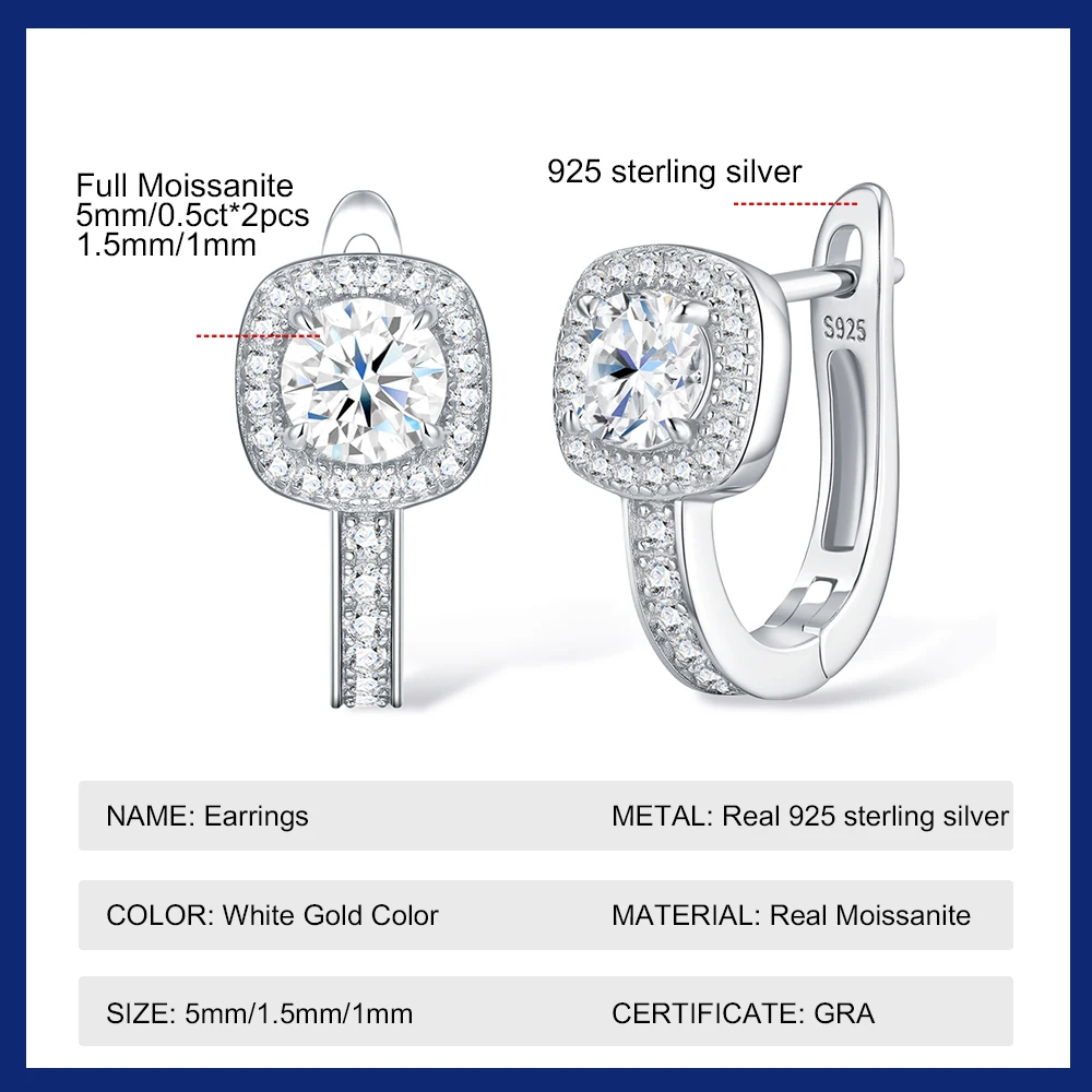 0.5CT All Moissanite Hoop Earring for Women 925 Sterling Silver Plated 18K White Gold Lab Diamond Earring Fine Jewelry Gift