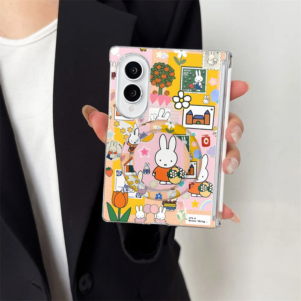 Miffy Cartoon Rabbit Collage Sticker Magnetic Foldable PC Case For Samsung Z Fold8 Ultra Z Flip8 Shockproof Hinge Full Protectiv