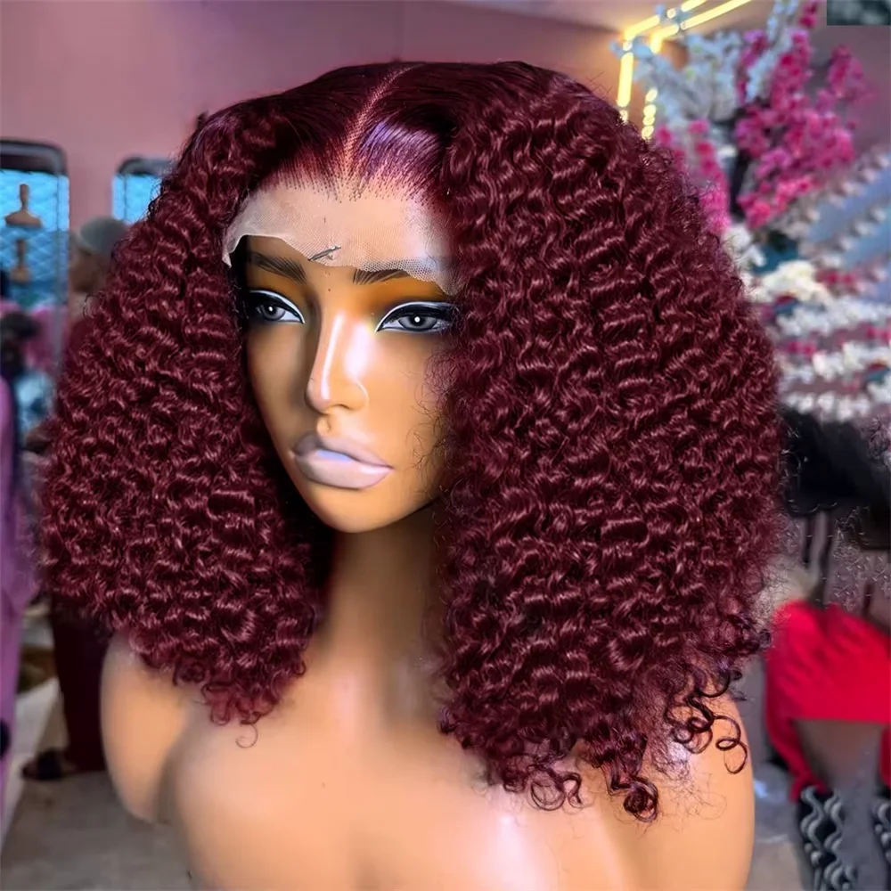 Umi 230 Плотность Короткие парики Боб Человеческие волосы 99J Бордовый вьющийся парик 13x4 HD Парик фронта шнурка Красный цвет Глубокая волна 13x4 Фронтальный парик