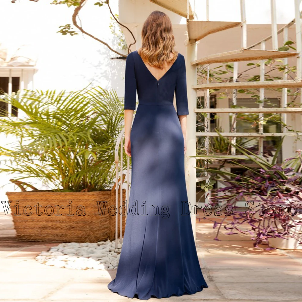 Eleganti abiti in Chiffon per la madre della sposa per matrimoni blu Navy e rosa O collo 3/4 maniche lunghezza del pavimento Appliques muslimah