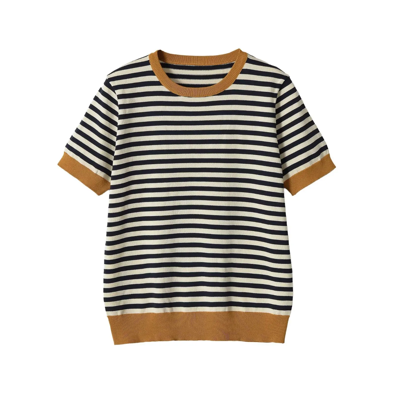 French Style Striped Knit Top Women Elegant Contrast Color Short Sleeve Sweater Summer Casual Crewneck Knitted Pullover
