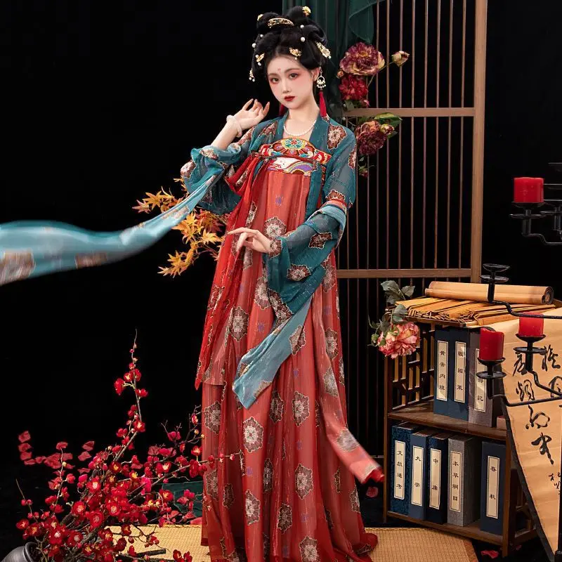 Chinese Hanfu Dress Women Cosplay Costume Vintage Ancient Tang Dynasty Printed Green Yellow Sets Hanfu Dress Plus Size 2XL