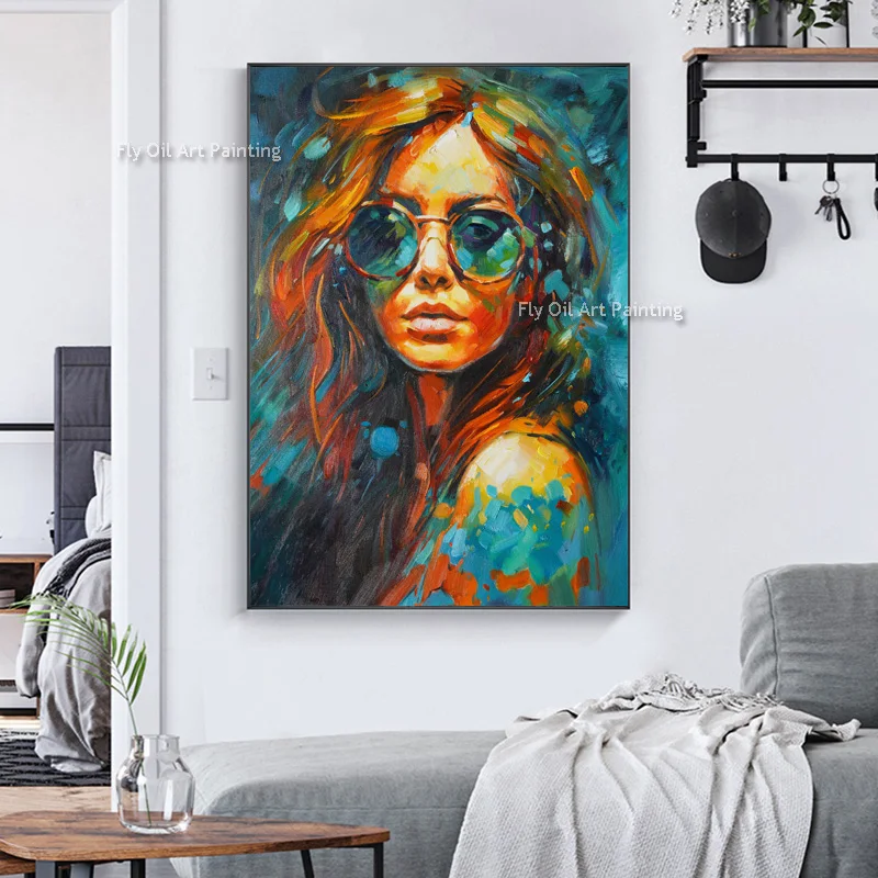 Imagem -06 - Pintura a Óleo Personalizada de Uma Mulher Óculos de Sol Pintados à Mão Figura Pintura da Lona Realismo Moderno Arte Decoração da Parede