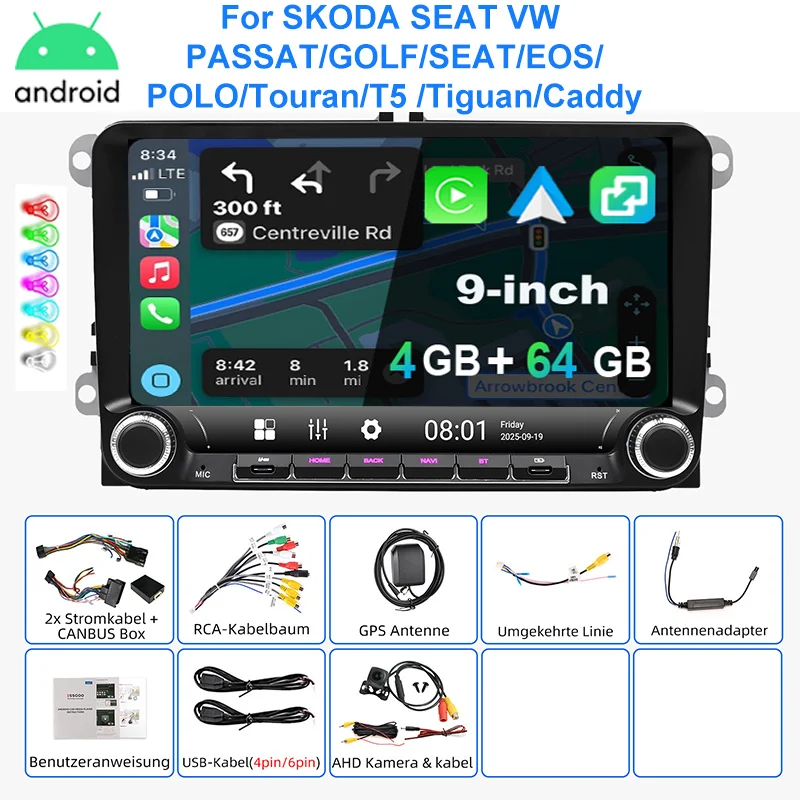 ESSGOO Autoradio Android15 9" 4+64 GB voor VW Golf 5 6 Plus Touran Caddy Jetta Passat Polo GPS Navigatie Bluetooth RDS FM WiFi Draadloze CarPlay Android Auto 2+32 GB Stuurwielbediening Aanraakscherm