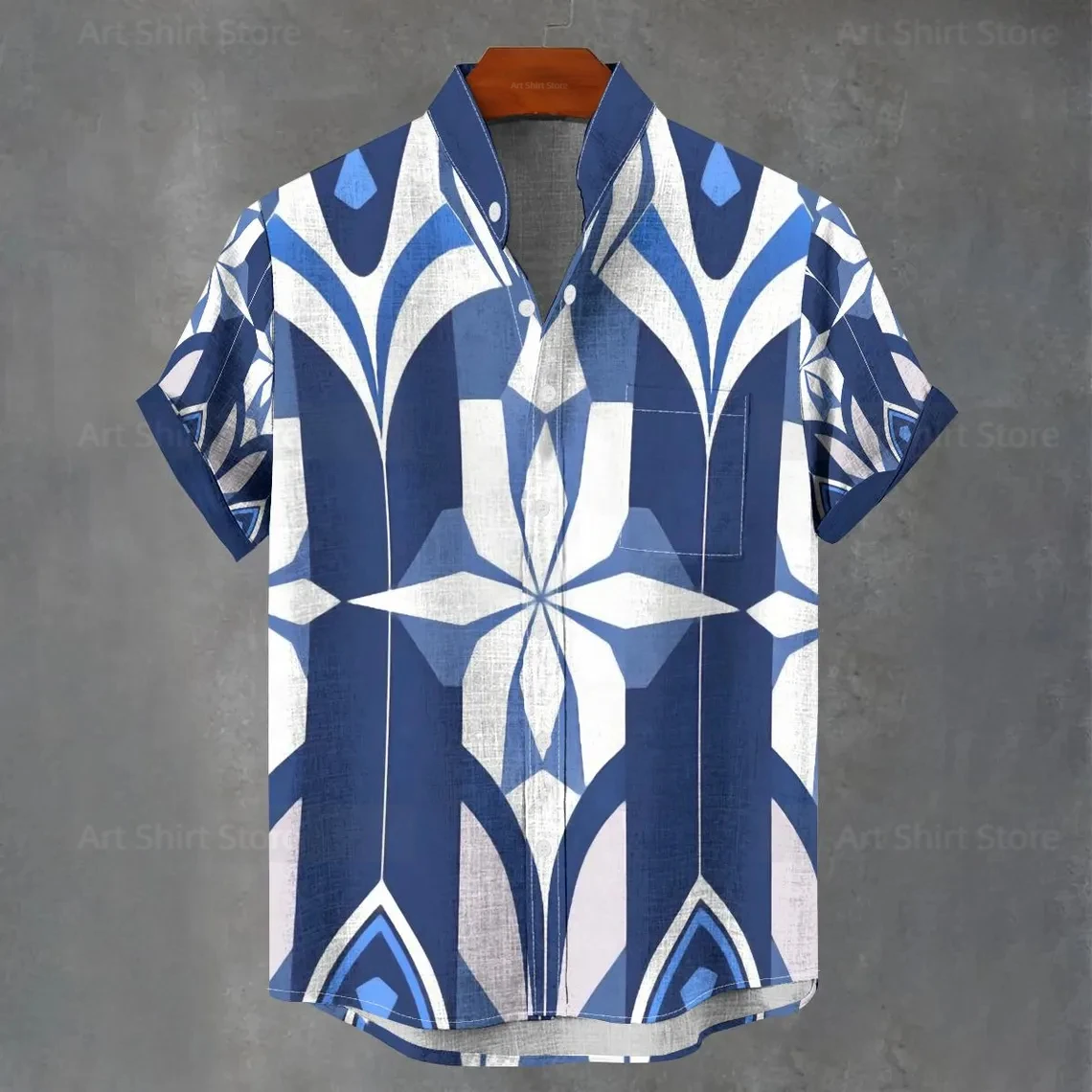 

Men's summer new blue mysterious totem pattern printed linen short sleeved shirt with casual and fashionable design men's top
