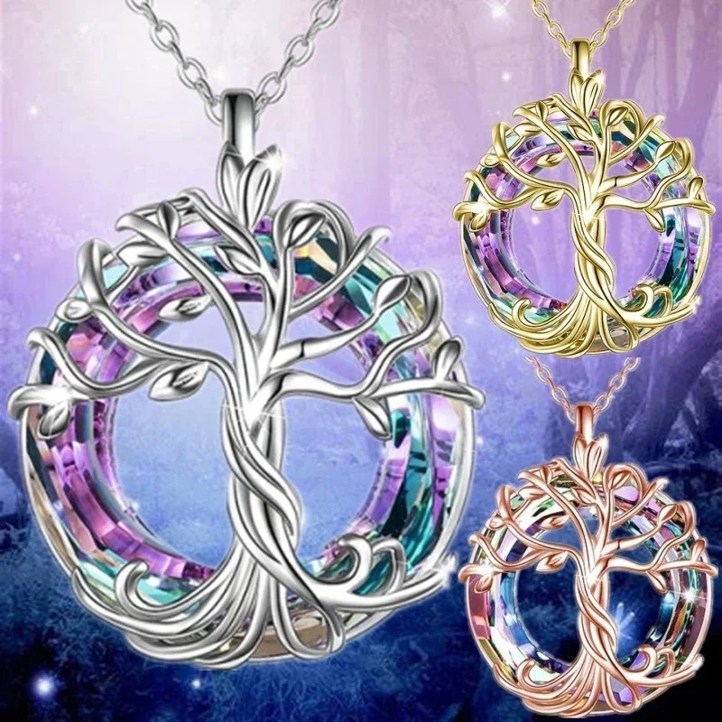 Exquisite Baum des Lebens Halsketten Keltische Stammbaum Halskette mit Kreis Kristall Schmuck Geschenke für Frauen Mädchen Mutter Geburtstag