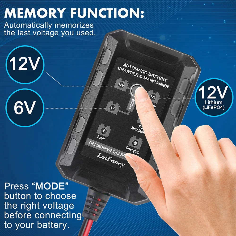 Mainteneur de chargeur de batterie 6V 12V 1,5a, chargeur intelligent pour batterie au Lithium (LiFePO4), plomb-acide, chargeur flottant automatique