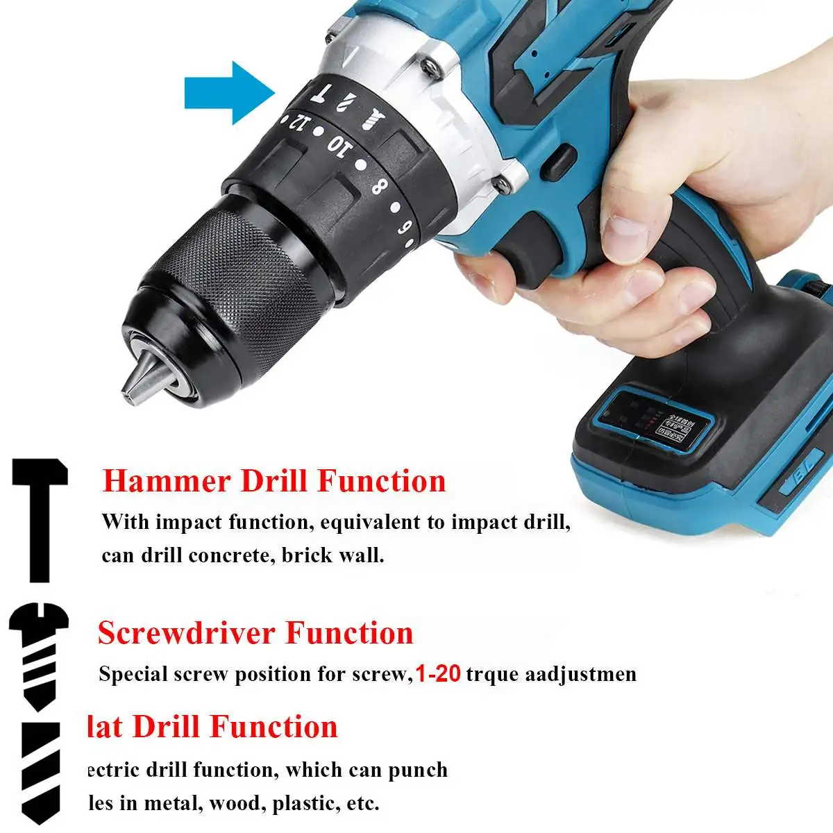 3 in 1 Brushless Electric Screwdriver Hammer Drill 13mm 20+3 Torque Cordless Impact Drill for Makita 18V Battery Power Tools