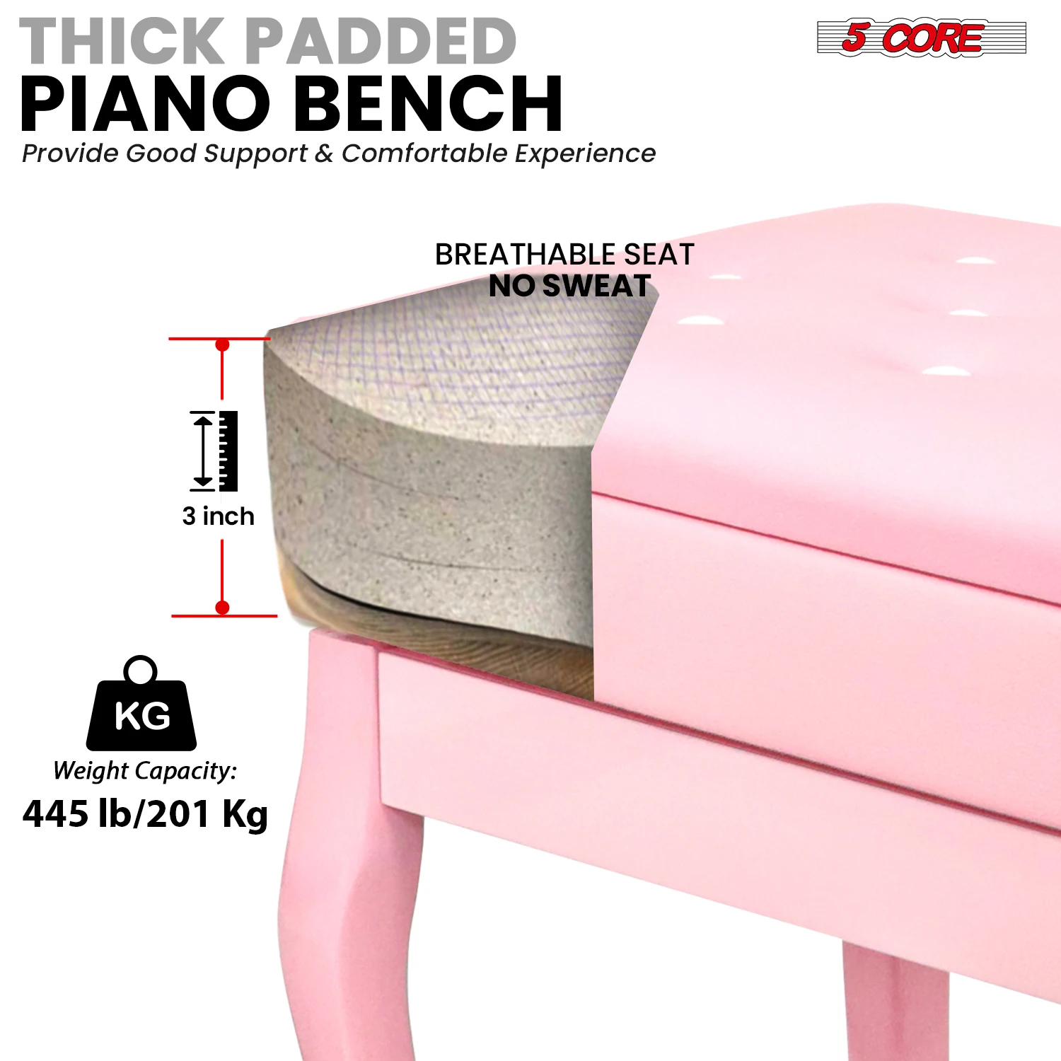 5 Core Piano Bench with Storage Wooden Adjustable Keyboard Stool Heavy Duty Padded Cushioned Seat PNB WD HD PNK