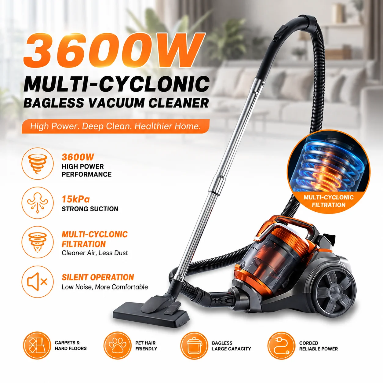 3600W Multi-Zyklon-Staubsauger ohne Beutel, Hochleistungs-15kPa-Saugkraft-Kanisterstaubsauger für Teppiche, Hartböden & Tierhaare, Leiser Kabelgebundener Haushaltsstaubsauger mit