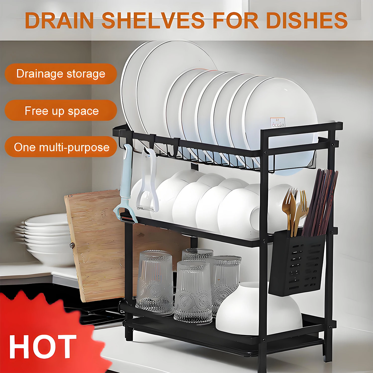 

Kitchen Black Three-tier Bowl Rack and Organizer, Dish Drying Rack with Plate, Chopstick Holder, and Knife Storage