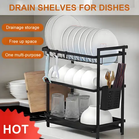 रसोई का काला तीन-स्तरीय बाउल रैक और ऑर्गनाइज़र, प्लेट, चॉपस्टिक होल्डर और चाकू रखने के लिए बर्तन सुखाने का रैक 10 best sales प्लेट भंडारण - №6