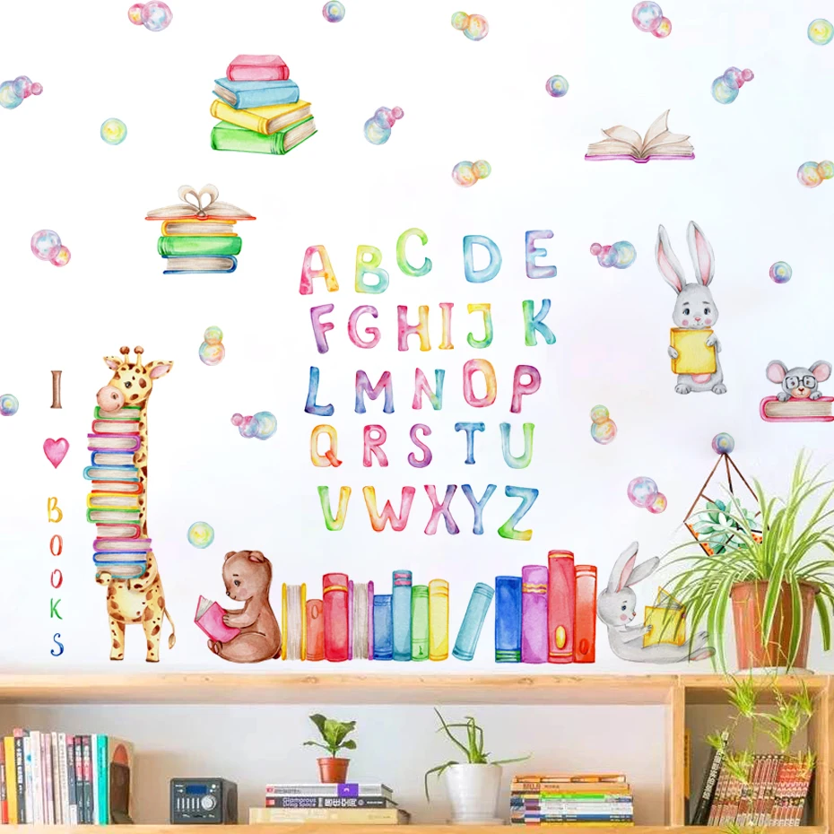 

Cartoon Animals Reading Colored Letter Bubbl Watercolor Wall Sticker Nursery Baby Kindergarten Art Decal Kids Room Home Decor