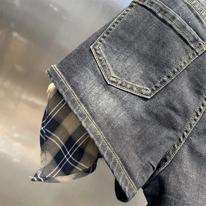 Short taille haute en Patchwork à carreaux noirs pour femmes Y2K American High Street années 2000 rétro Hot Girl Short en jean trapèze à jambes larges