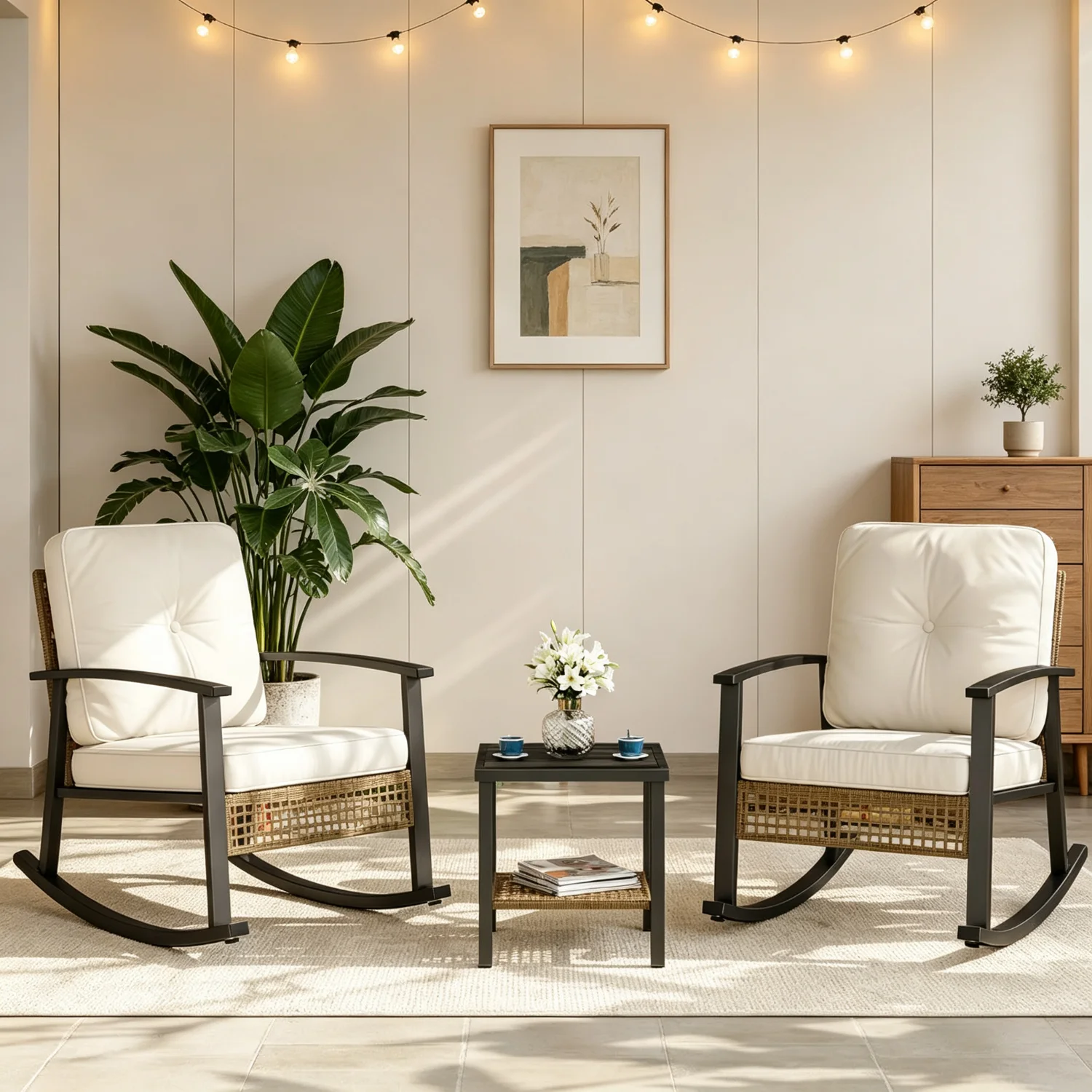 3 Piece Outdoor Rocking Bistro Set Patio Furniture With Coffee Table And Thick Cushions Wicker Rocking Chairs Set Of 2 For Garden Balcony Backyard Poolside Beige