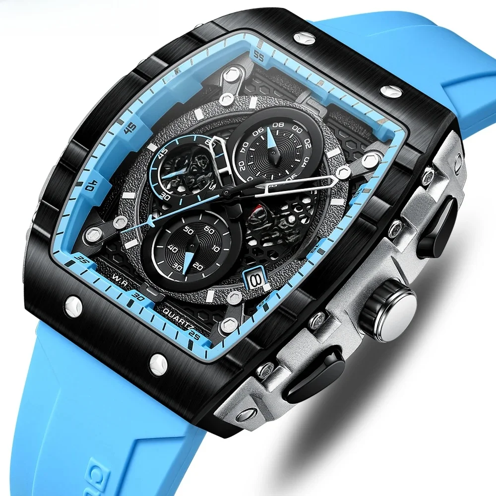 CURREN Sportuhr mit Tonneau-Zifferblatt für Herren, modische wasserdichte Quarz-Armbanduhr mit automatischem Datum, gelbes Silikonarmband, leuchtend