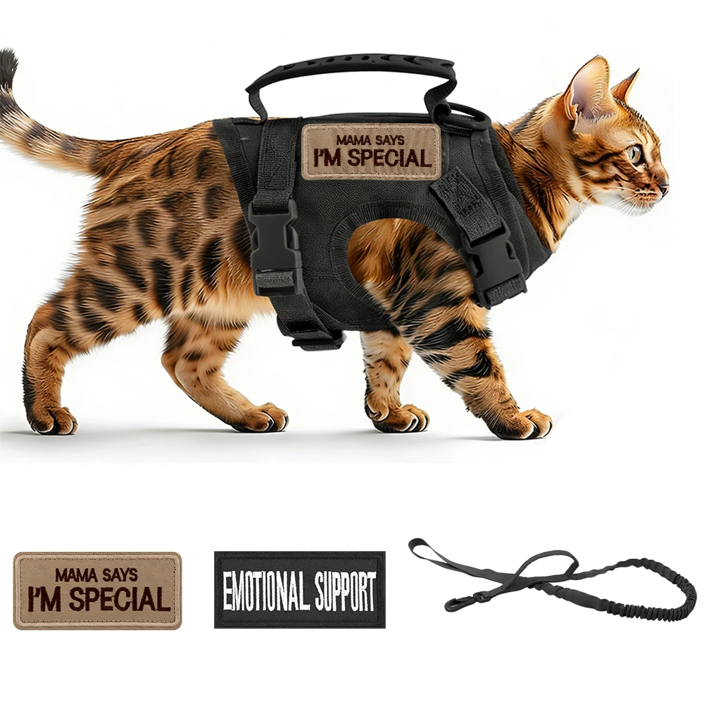 Tactical Cat Harness Escape Proof Adjustable Military Style Vest Comfortable for Cats Puppy Outdoor Walking Training