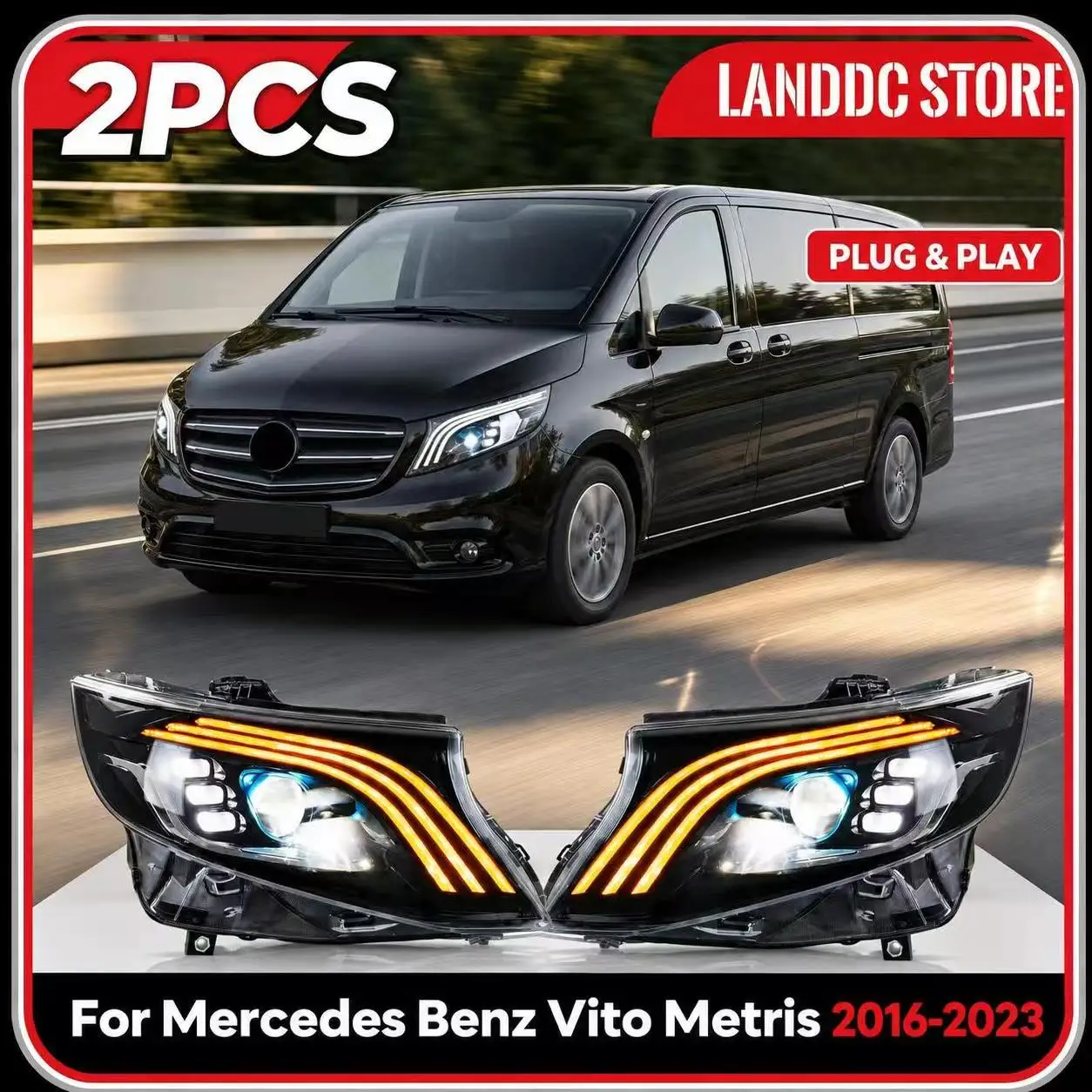 Paar LED-Scheinwerfer für Mercedes Benz Vito Metris 2016-2023 mit sequenziellem Blinker, Projektor-Frontlampen-Baugruppe
