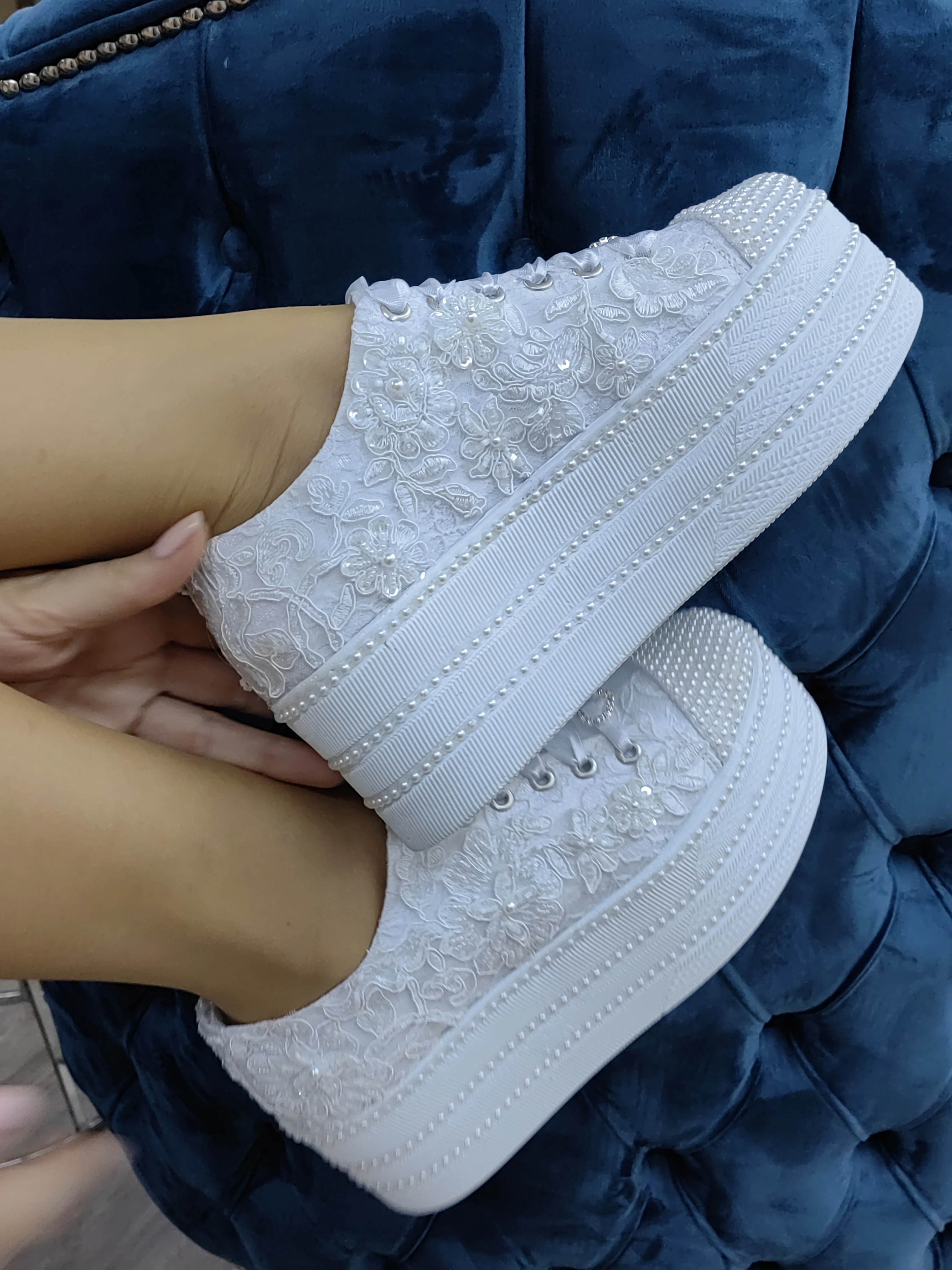 White Bridal Pumps 7CM height Comfortable bridal shoes Flat platform bridal shoes Sports Bridal shoes High Top quality