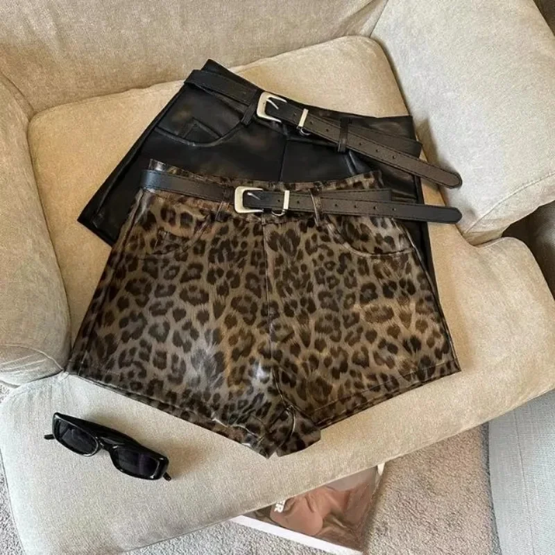 Short en cuir PU imprimé léopard pour femmes, Sexy, noir, taille haute, avec ceinture