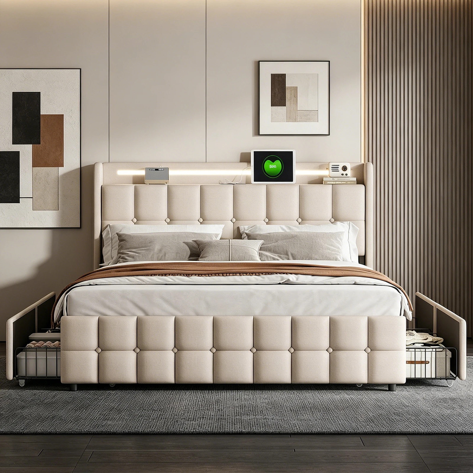 Lit 180x200 avec Sommier, Lit Double rembourré avec 4 Tiroirs, lit 2 Personnes avec tête de lit de Rangement, LED et USB, Lin