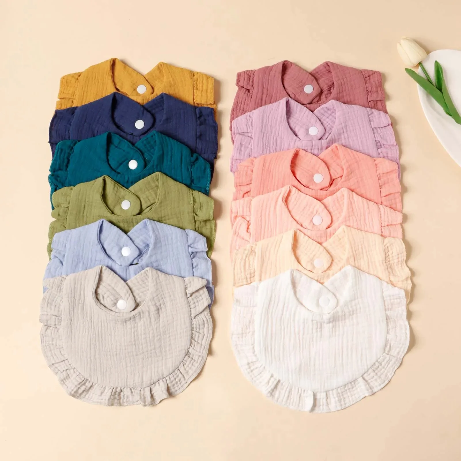 6 bavoirs en gaze de coton à bordure feuille de lotus, couleur unie, avec boutons-pression, doux et confortables, pour nouveau-nés