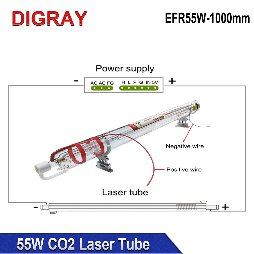 DIGRAY 55W Co2 Laser Tube EFR-1000CL Diameter 50mm Length 1000mm Laser Glass Lamp For Co2 Engraving Cutting Machine