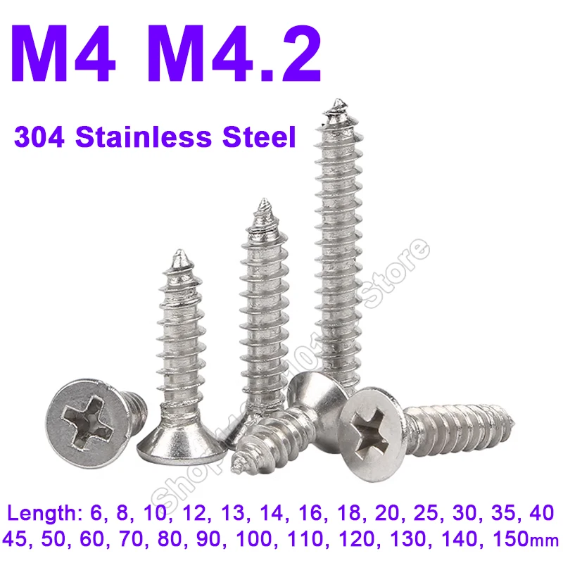 

M4 M4.2 304 Stainless Steel Phillips Flat Countersunk Head Self-Tapping Screw Cross Wood Screws Length 6 8 13 14 16 18 20-150mm