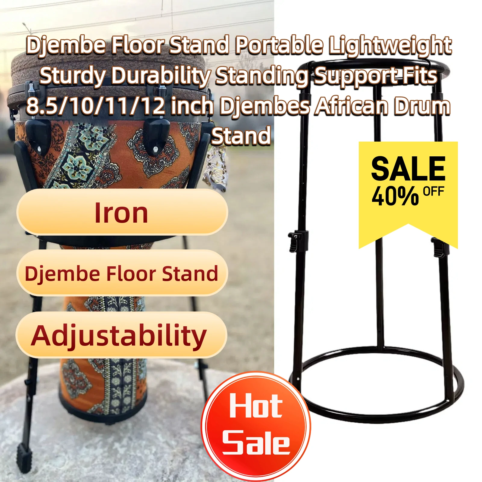 

Djembe Floor Stand Portable Lightweight Sturdy Durability Standing Support Fits 8.5/10/11/12 inch Djembes African Drum Stand