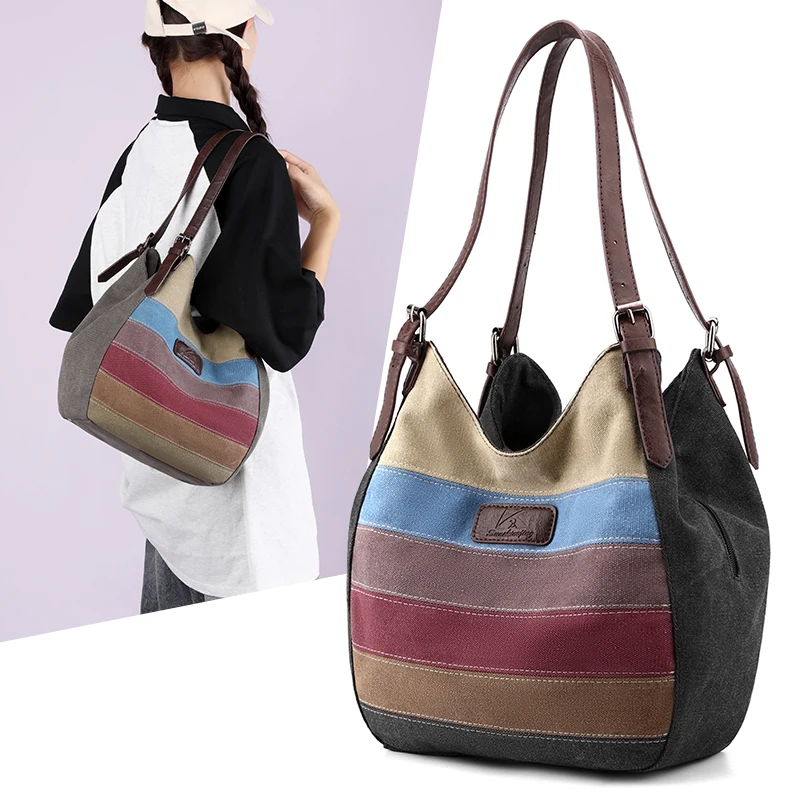 Multi-color Patchwork Canvas Bag Fashionable Casual Shoulder Bag Large Capacity Retro Tote