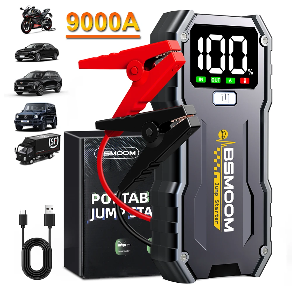 BSMOOM 9000A, démarreur de voiture portable, démarreur de voiture (capable de démarrer tous les moteurs essence 9,99 L et diesel 7,99-9,99 L), démarreur de batterie de voiture 12 V avec écran LCD, 3 lampes LED