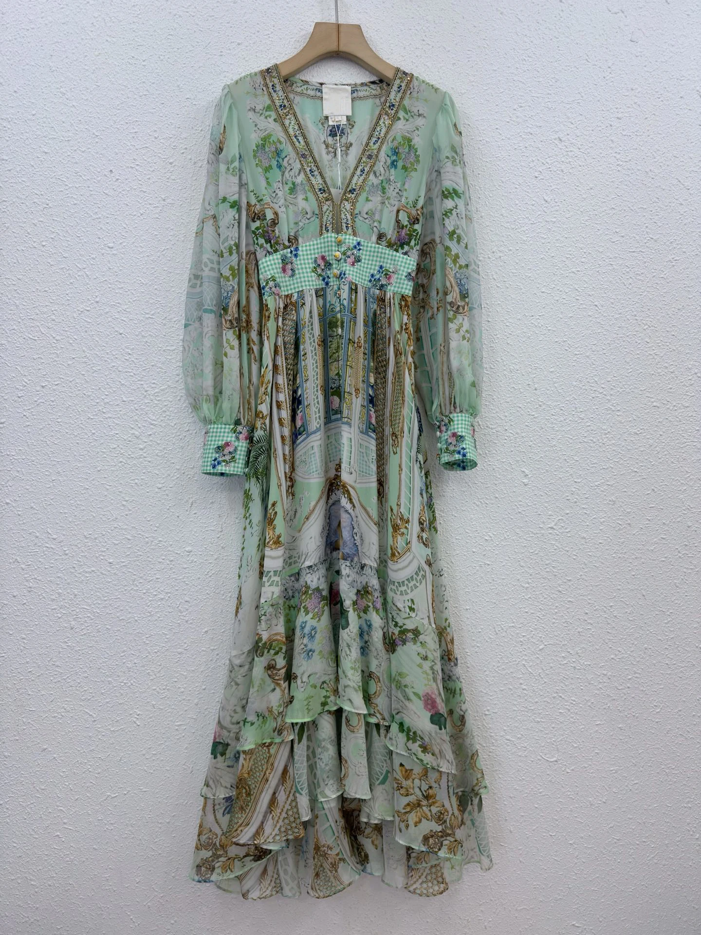 Abito lungo a maniche lunghe Boho in vera seta al 100% per donna Abito fluido con vita a quadretti con stampa barocca verde menta