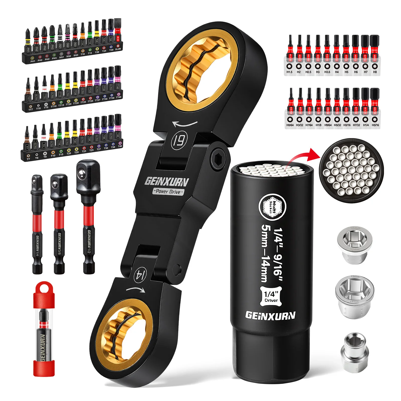 

Geinxurn 68PCS Multi-Function Stubby Ratchet Wrench Set 14×19mm – Sockets, Laser Engraved Bits, Bit Adapter, Extension Bars