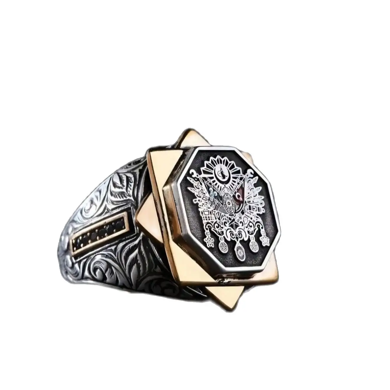 

Ottoman Flag Silver Men's Ring, Handmade Unique Ottoman Jewelry with Engraving Pattern, Turkish Gift for Man, Adjustable Gifts