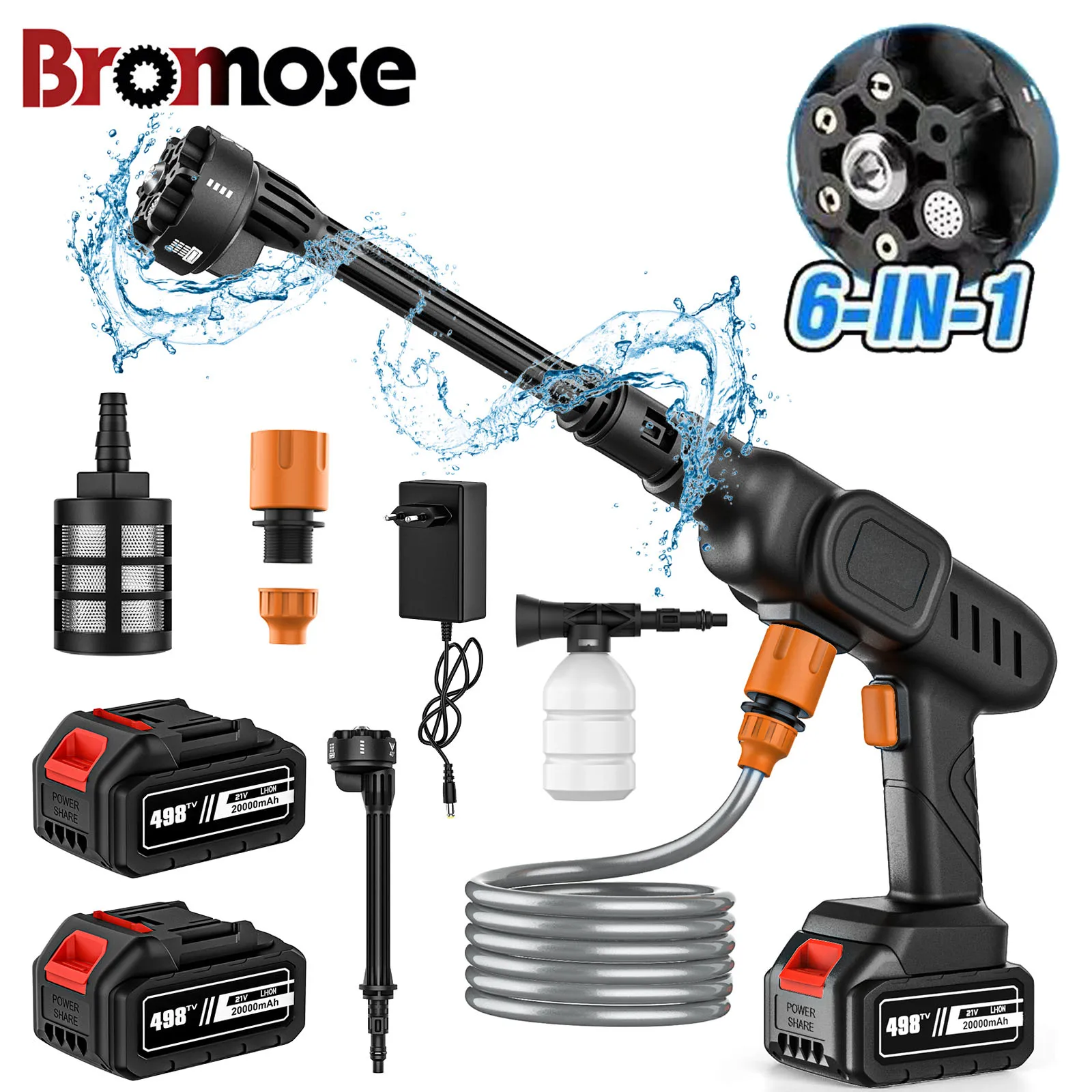 Pistola a spruzzo per pulizia da giardino per auto efficiente senza fili 6 IN 1 senza spazzole 21V con potente batteria da 2,0 Ah
