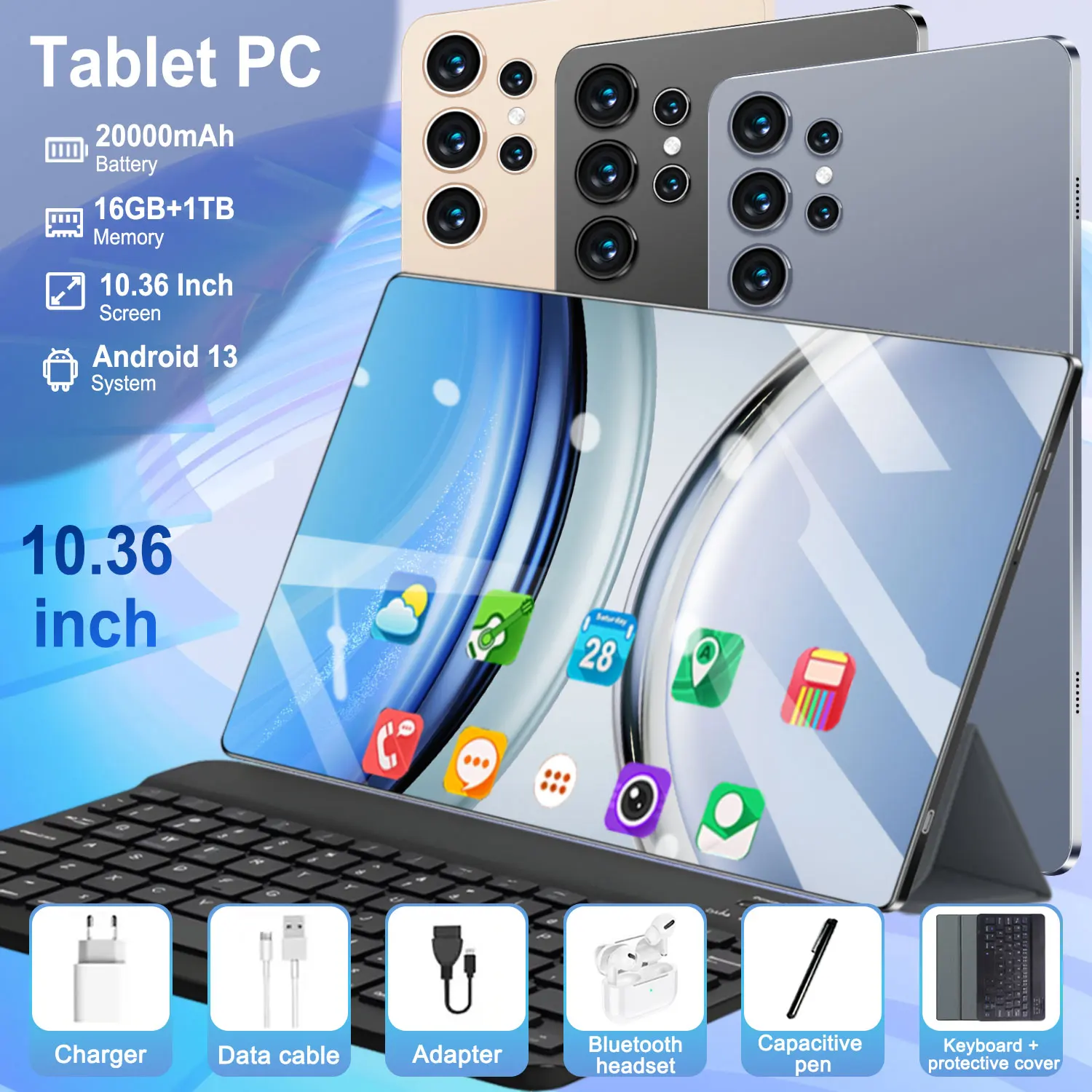 Tablet de 10.36 pulgadas con 20000mAh, 5G, Android 13.0, 16GB de RAM, 1TB de ROM, Wifi, 14 núcleos, GPS global y conexión a red.