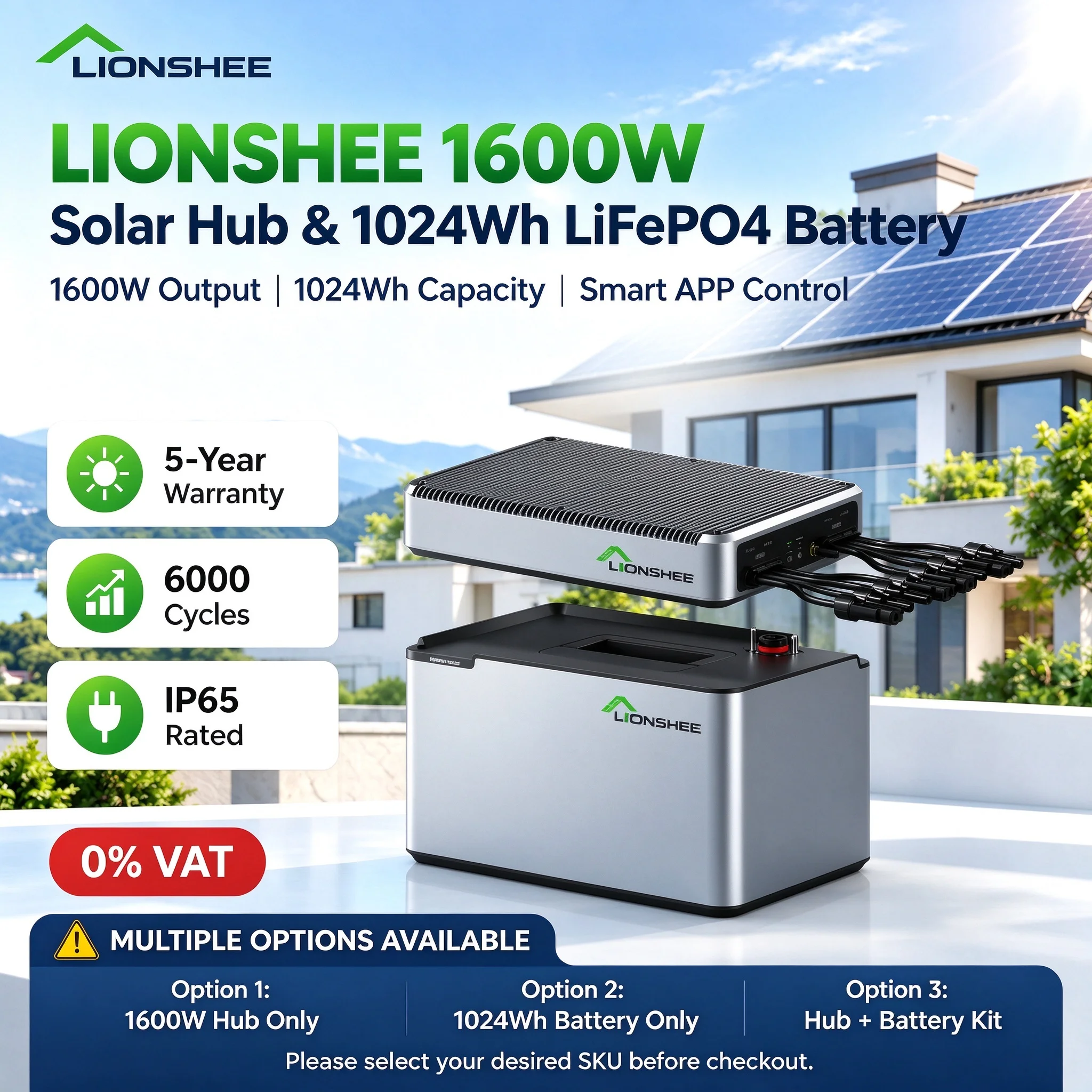 LIONSHEE PV-HUB e Batteria Solare LiFePO4 da 1024Wh, Sistema di Accumulo Energetico Domestico Plug-and-Play con App Intelligente, 52V, 6000 Cicli, IP65, per Balconi e Sistemi Off-Grid